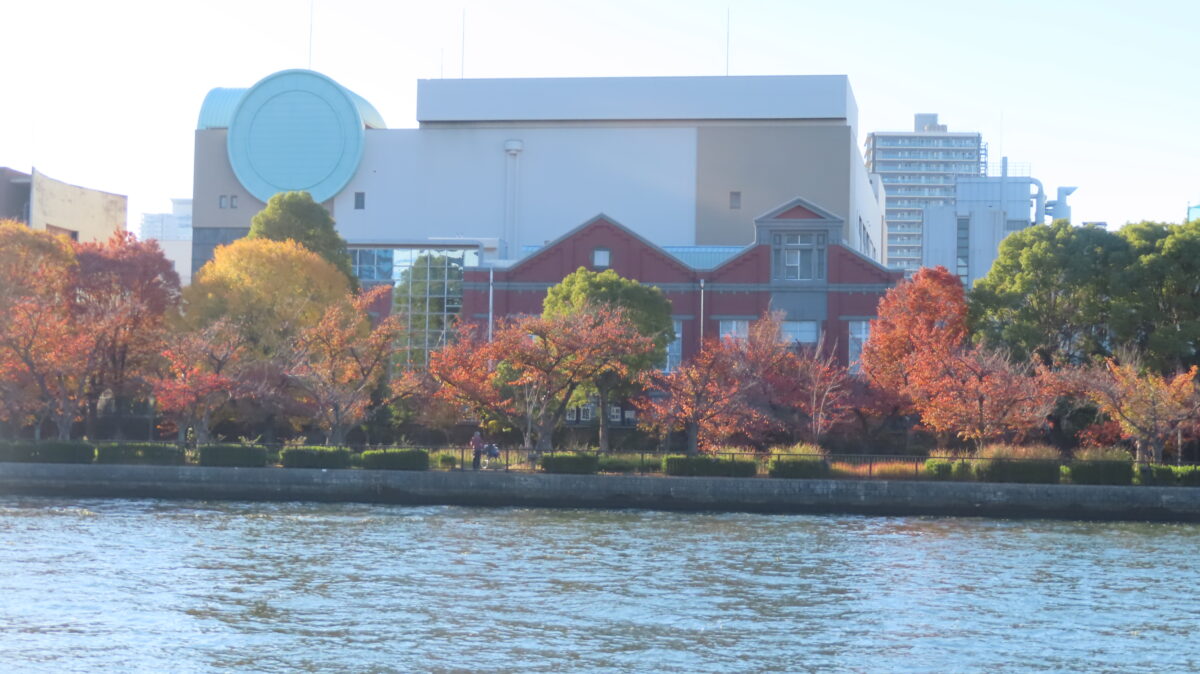 Cherry foliage in front of the Mint Bureau across the river
