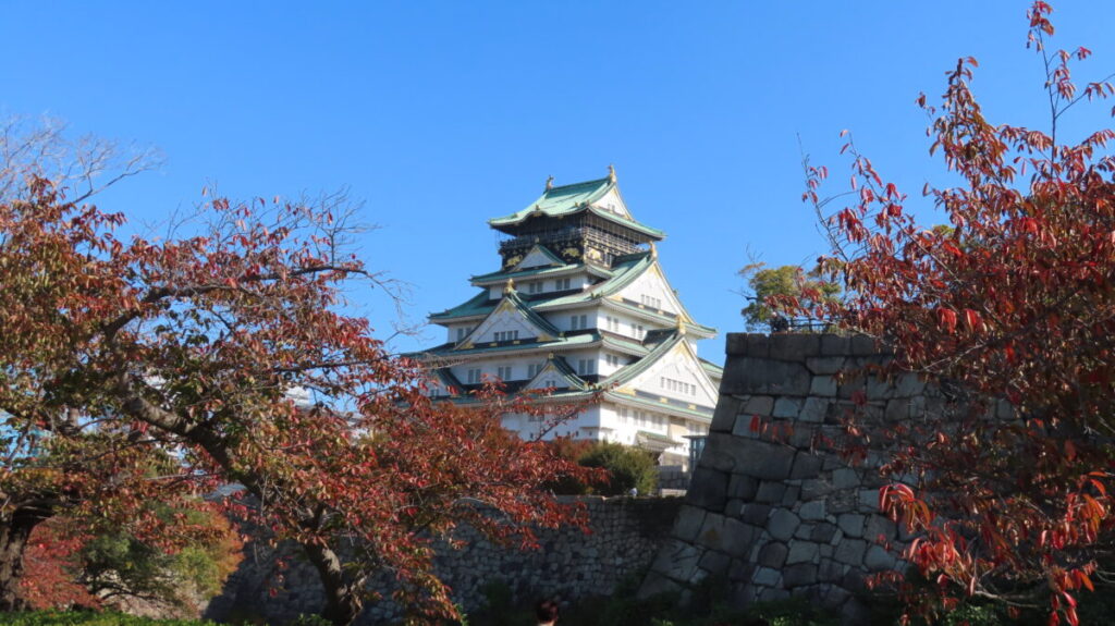 Autumn leaves, stone wall, and Osaka Castle Tower